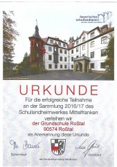 Urkunde Schullandheimsammlung Schuljahr 2016/17